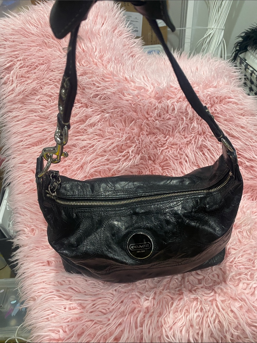 Coach Black Patent Leather Shoulder Bag with Gold Hardware